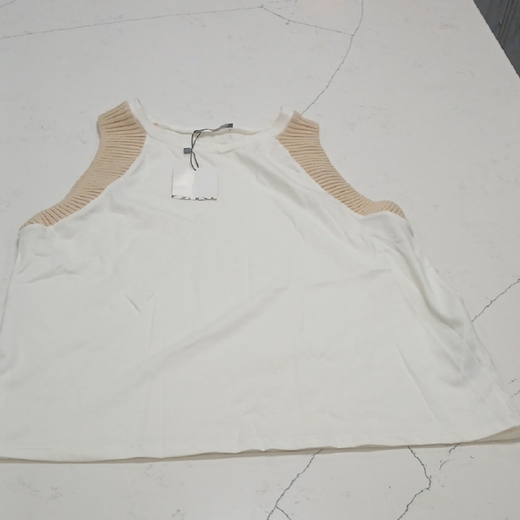 Zara Tops - Zara Sleeveless White and Tan Top Sz M NEW WITH TAGS
